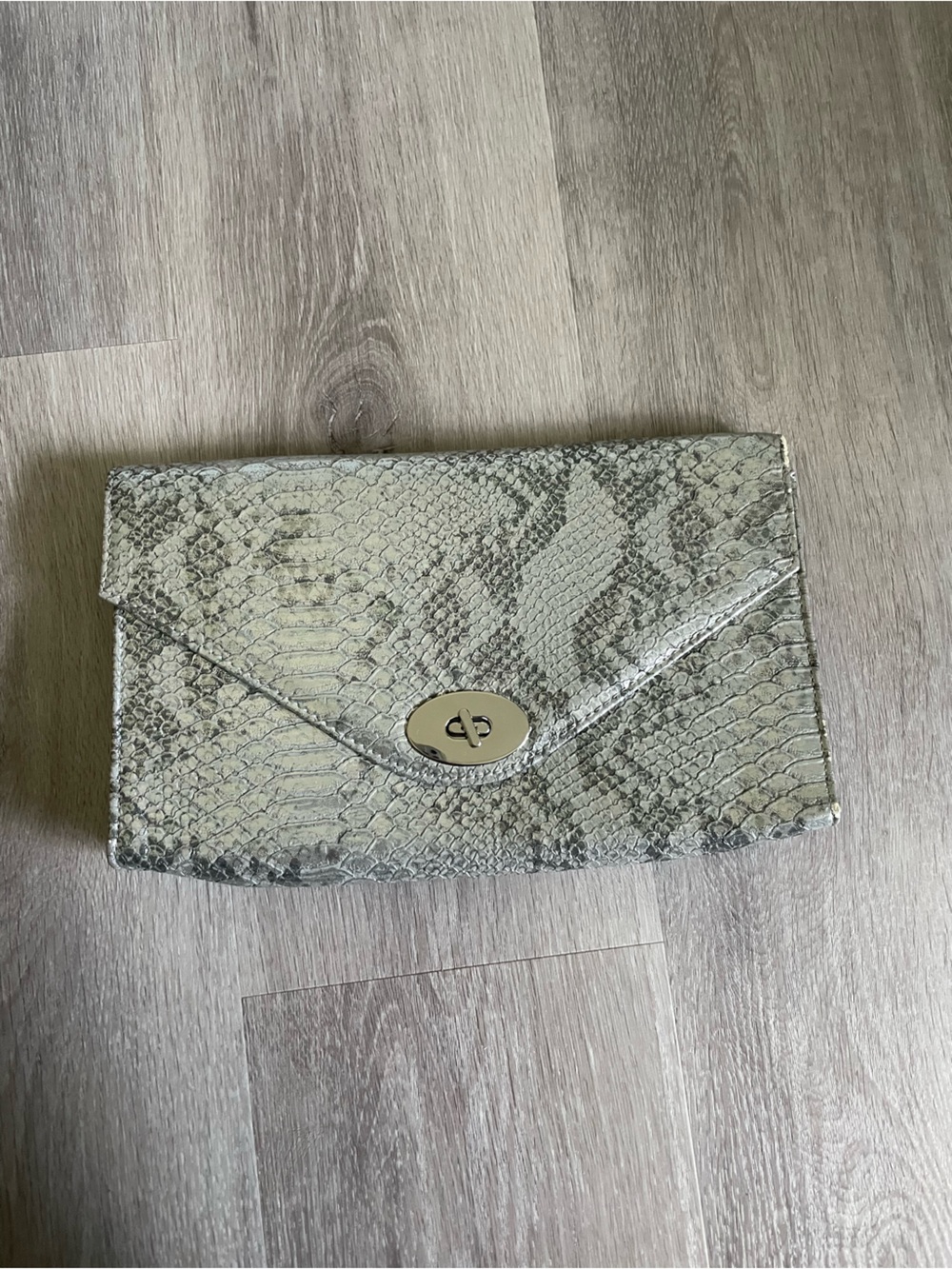 113 H&M Snake-Print Metallic Silver Envelope Clutch